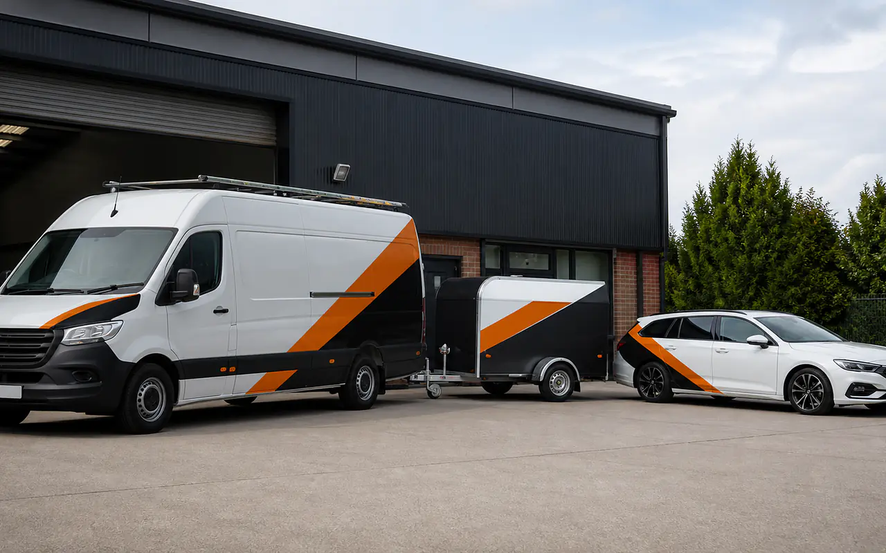 Beschriftete Seiten- und Heckfläche eines Transporters