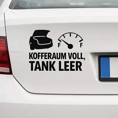 KOFFERRAUM VOLL, TANK LEER – Autoaufkleber mit Spruch und Icon secondary image
