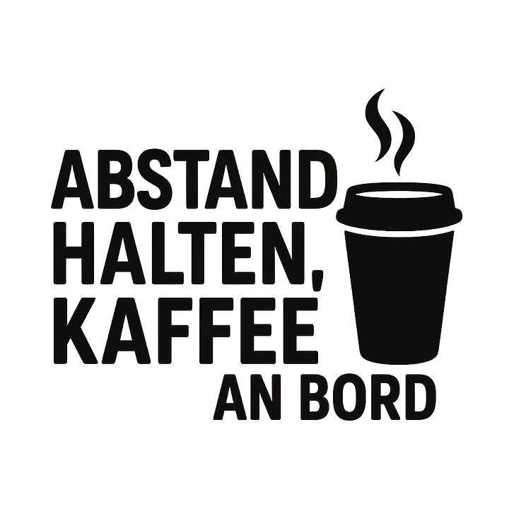 ABSTAND HALTEN, KAFFEE AN BORD – Autoaufkleber mit Kaffeebecher-Icon - Master