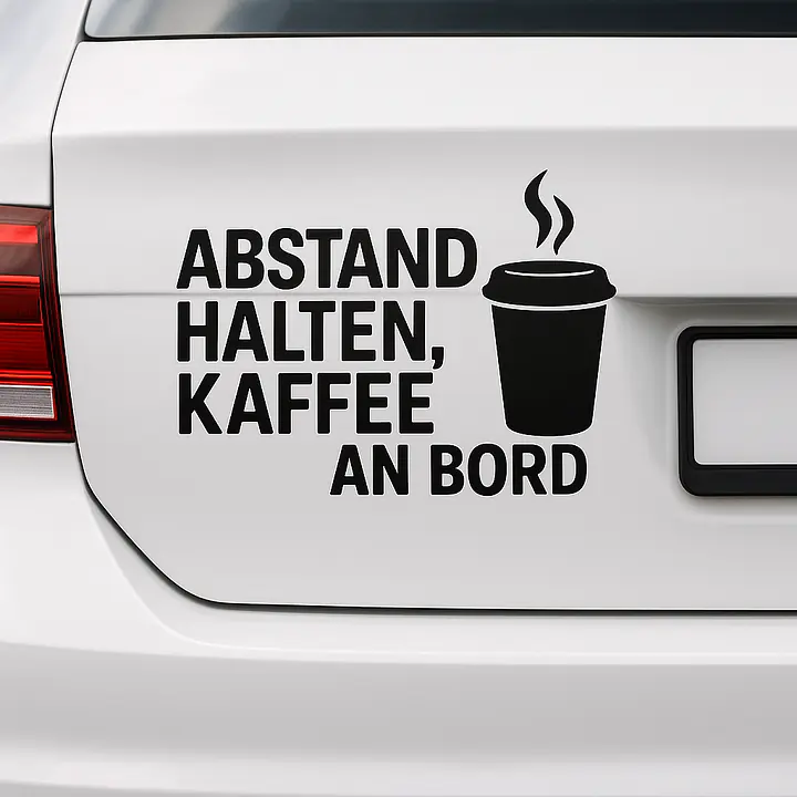 ABSTAND HALTEN, KAFFEE AN BORD – Autoaufkleber mit Kaffeebecher-Icon - Master