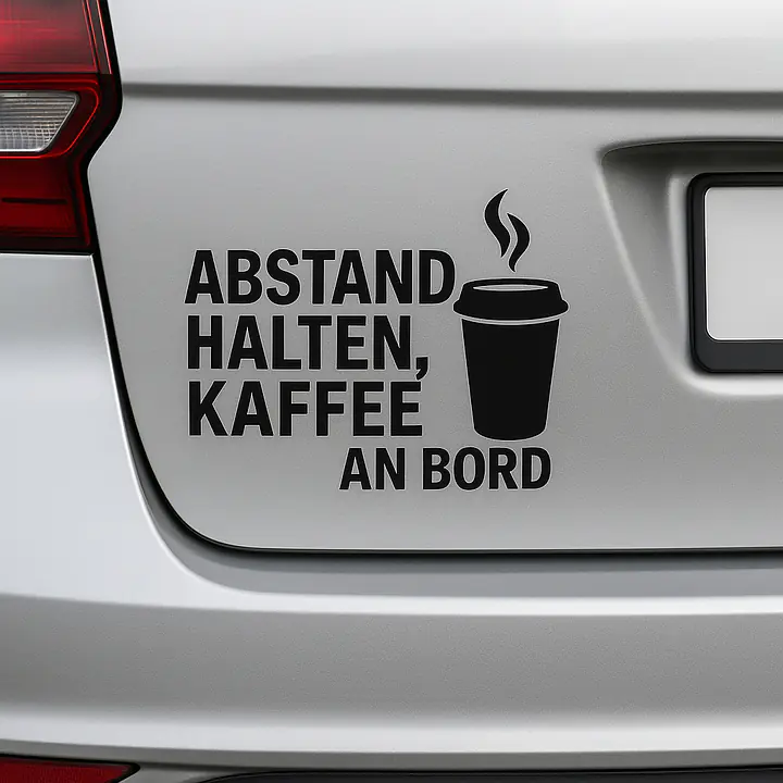 ABSTAND HALTEN, KAFFEE AN BORD – Autoaufkleber mit Kaffeebecher-Icon - Master