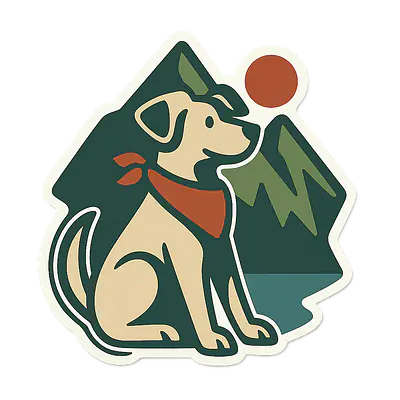 Camping Hund Tieraufkleber – Hund mit Halstuch vor Bergen primary image