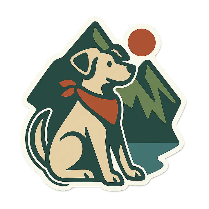 Camping Hund Tieraufkleber – Hund mit Halstuch vor Bergen - Master