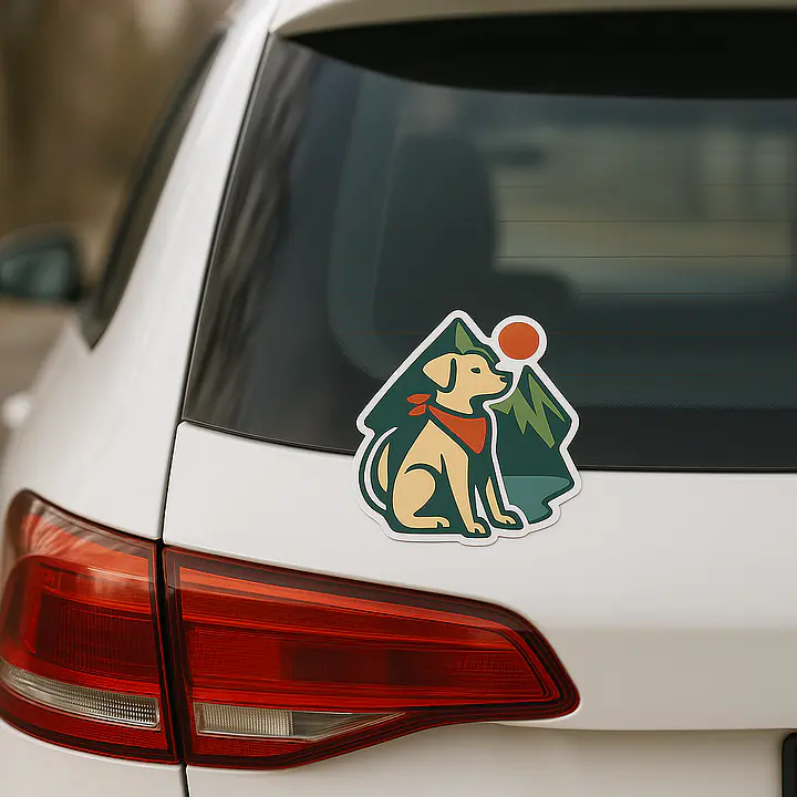 Camping Hund Tieraufkleber – Hund mit Halstuch vor Bergen - Master