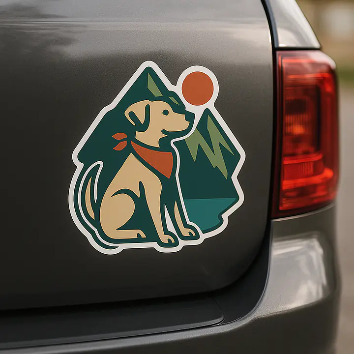 Camping Hund Tieraufkleber – Hund mit Halstuch vor Bergen - Master