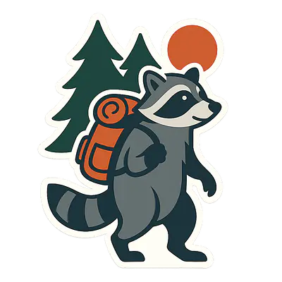 Waschbär Camping Tieraufkleber – abenteuerlustiger Waschbär mit Rucksack primary image